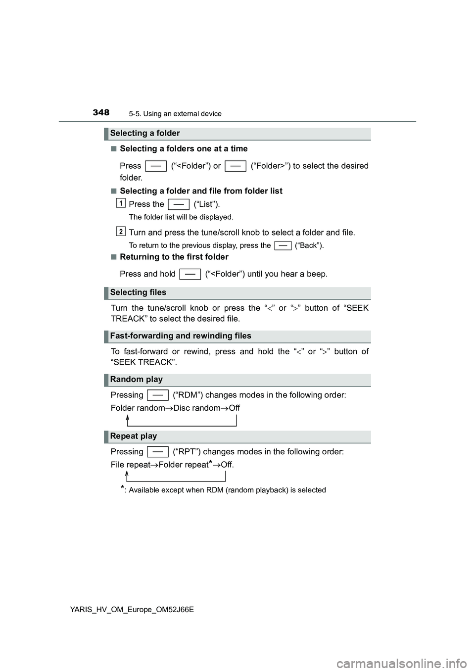 TOYOTA YARIS 2018  Owners Manual 3485-5. Using an external device
YARIS_HV_OM_Europe_OM52J66E 
■Selecting a folders one at a time 
Press   (“<Folder”) or   (“Folder>”) to select the desired 
folder.
■Selecting a folder an