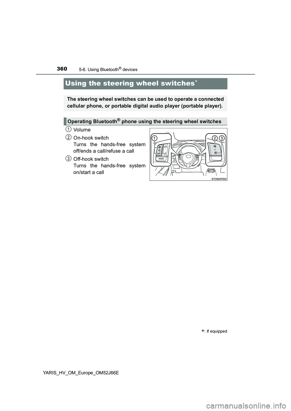 TOYOTA YARIS 2018  Owners Manual 3605-6. Using Bluetooth® devices
YARIS_HV_OM_Europe_OM52J66E
Using the steering wheel switches
Vo lu m e 
On-hook switch 
Turns the hands-free system 
off/ends a call/refuse a call 
Off-hook switc