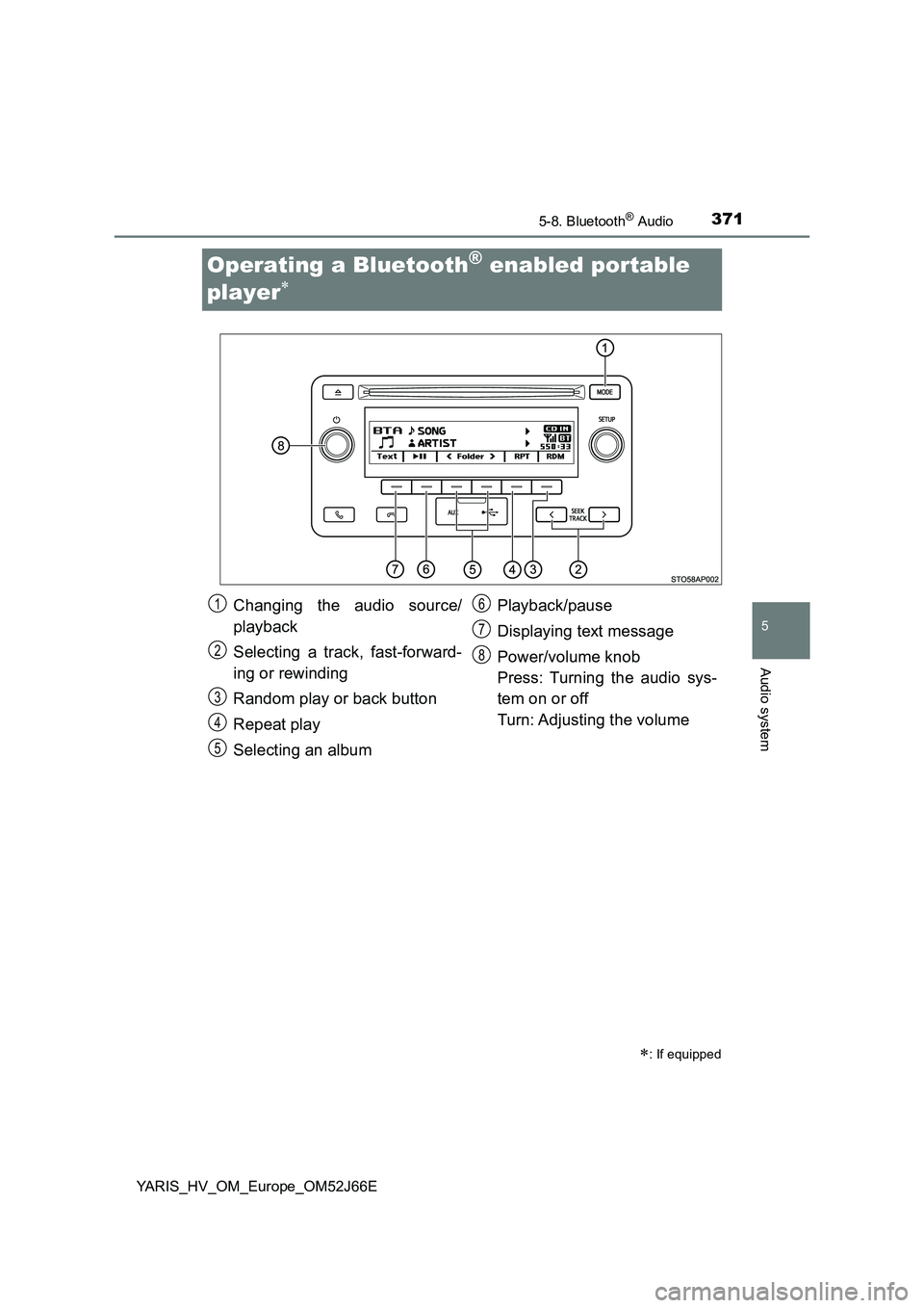 TOYOTA YARIS 2018  Owners Manual 3715-8. Bluetooth® Audio
5
Audio system
YARIS_HV_OM_Europe_OM52J66E
Operating a Bluetooth® enabled portable  
player
: If equipped
Changing the audio source/ 
playback 
Selecting a track, fast