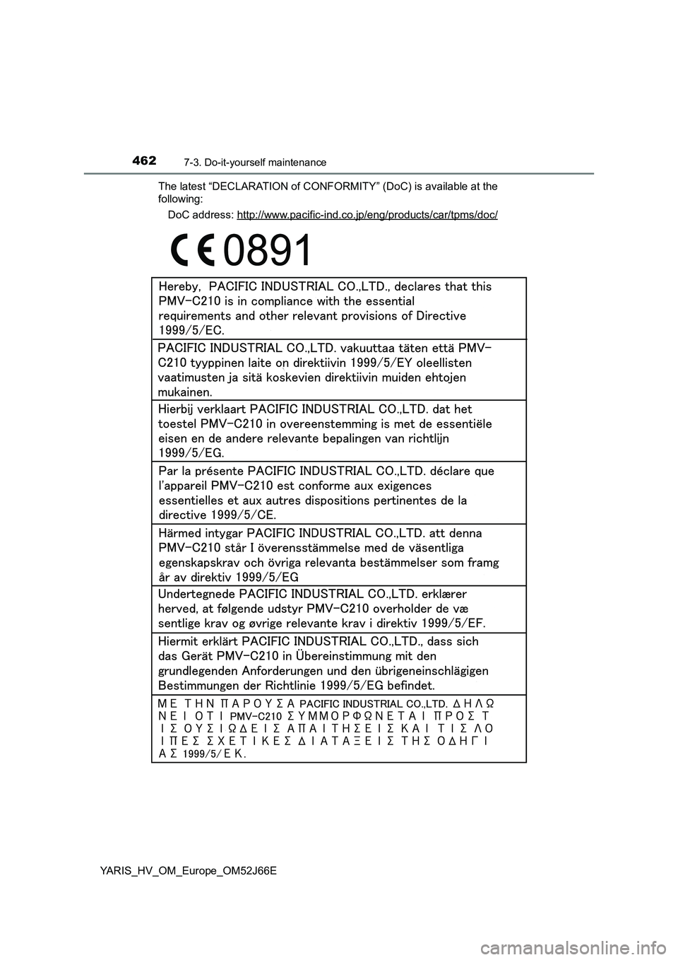 TOYOTA YARIS 2018  Owners Manual 4627-3. Do-it-yourself maintenance
YARIS_HV_OM_Europe_OM52J66E 
The latest “DECLARATION of CONFORMITY” (DoC) is available at the  
following: 
DoC address: http://www.pacific-ind.co.jp/eng/product