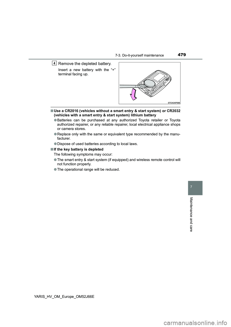 TOYOTA YARIS 2018  Owners Manual 4797-3. Do-it-yourself maintenance
7
Maintenance and care
YARIS_HV_OM_Europe_OM52J66E
Remove the depleted battery.
Insert a new battery with the “+” 
terminal facing up.
■ Use a CR2016 (vehicles