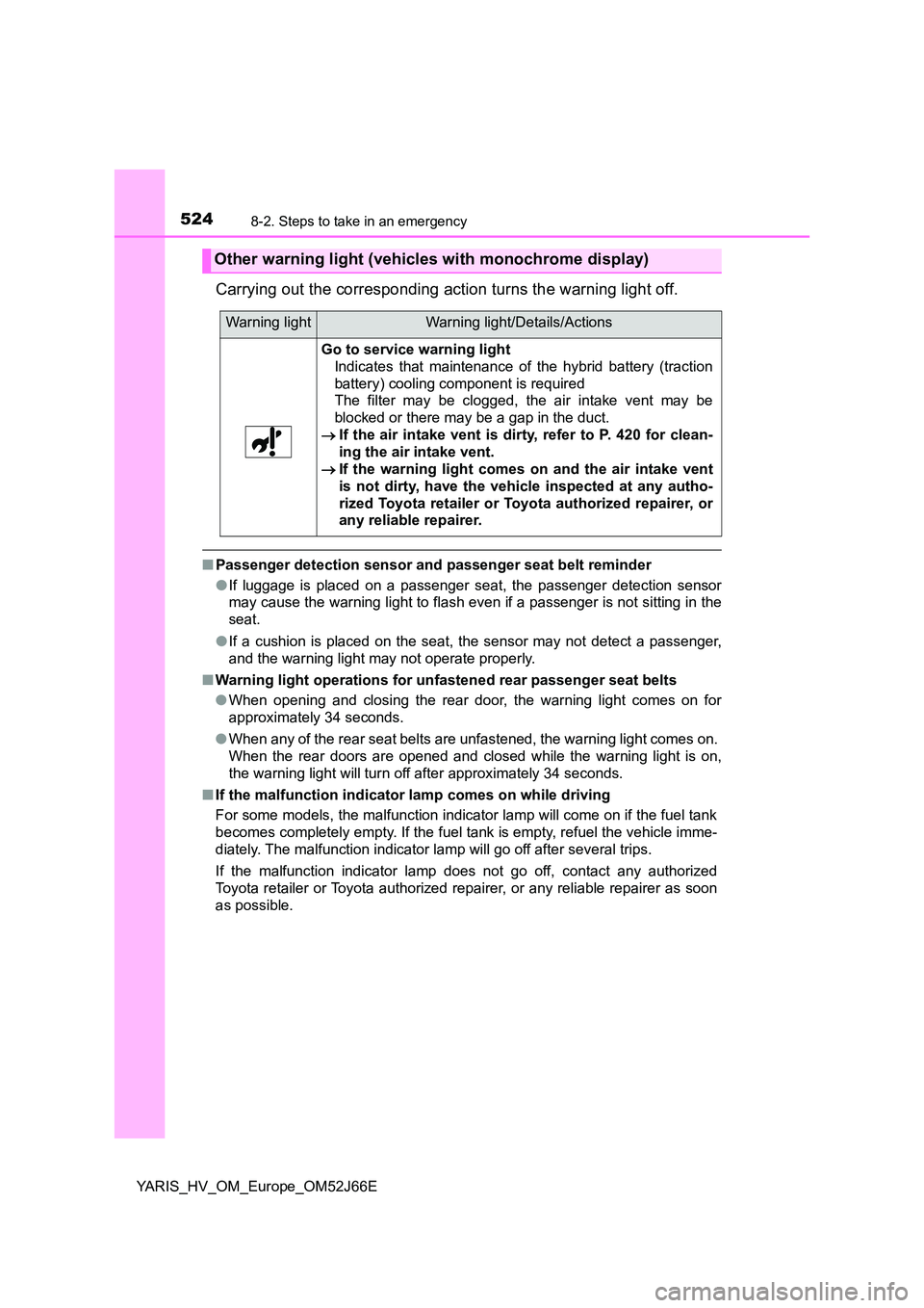 TOYOTA YARIS 2018  Owners Manual 5248-2. Steps to take in an emergency
YARIS_HV_OM_Europe_OM52J66E
Carrying out the corresponding action turns the warning light off.
■Passenger detection sensor and passenger seat belt reminder 
●