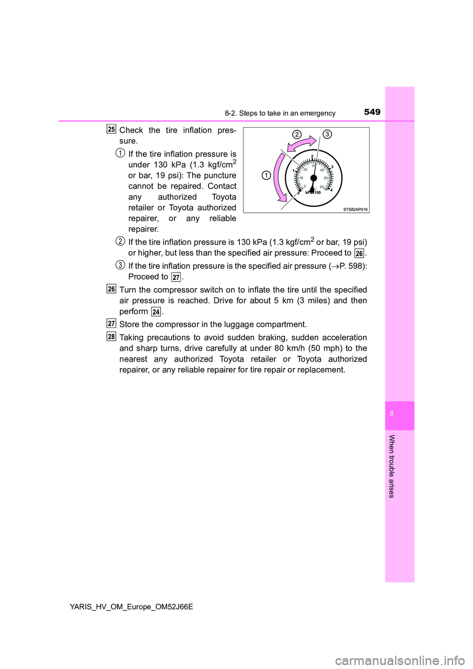 TOYOTA YARIS 2018 Owners Manual 5498-2. Steps to take in an emergency
8
When trouble arises
YARIS_HV_OM_Europe_OM52J66E
Check the tire inflation pres-
sure.
If the tire inflation pressure is
under 130 kPa (1.3 kgf/cm2
or bar, 19 TOYOTA YARIS 2018 Owners Manual 5498-2. Steps to take in an emergency
8
When trouble arises
YARIS_HV_OM_Europe_OM52J66E
Check the tire inflation pres-
sure.
If the tire inflation pressure is
under 130 kPa (1.3 kgf/cm2
or bar, 19