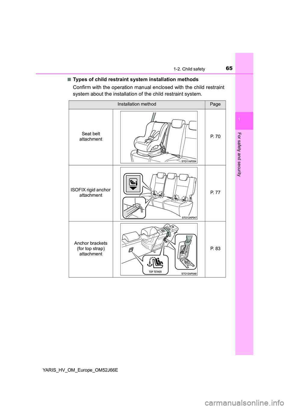 TOYOTA YARIS 2018 Repair Manual 651-2. Child safety
1
For safety and security
YARIS_HV_OM_Europe_OM52J66E 
■Types of child restraint system installation methods 
Confirm with the operation manual enclosed with the child restraint 