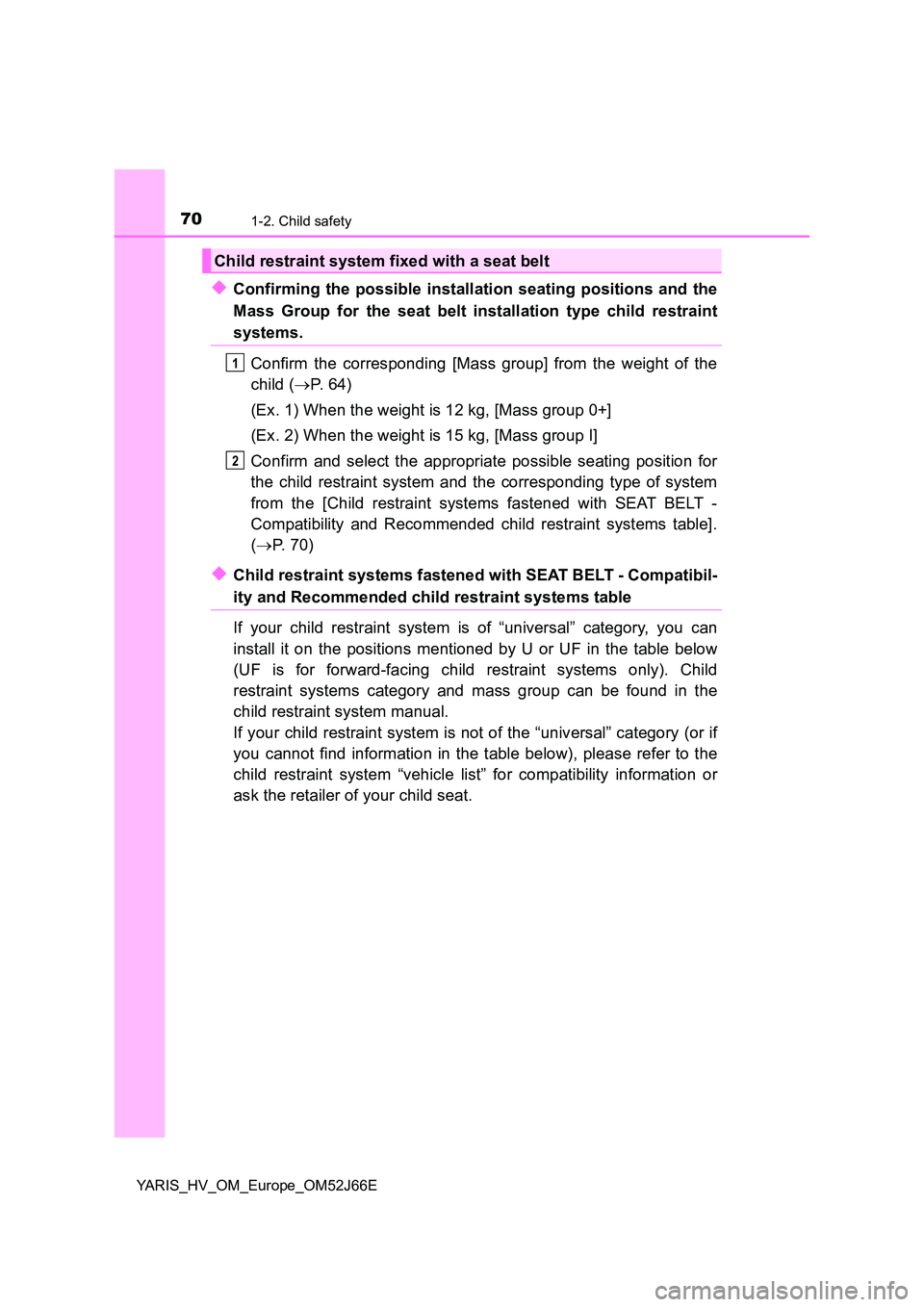 TOYOTA YARIS 2018 Repair Manual 701-2. Child safety
YARIS_HV_OM_Europe_OM52J66E
◆Confirming the possible installation seating positions and the 
Mass Group for the seat belt installation type child restraint
systems. 
Confirm the 