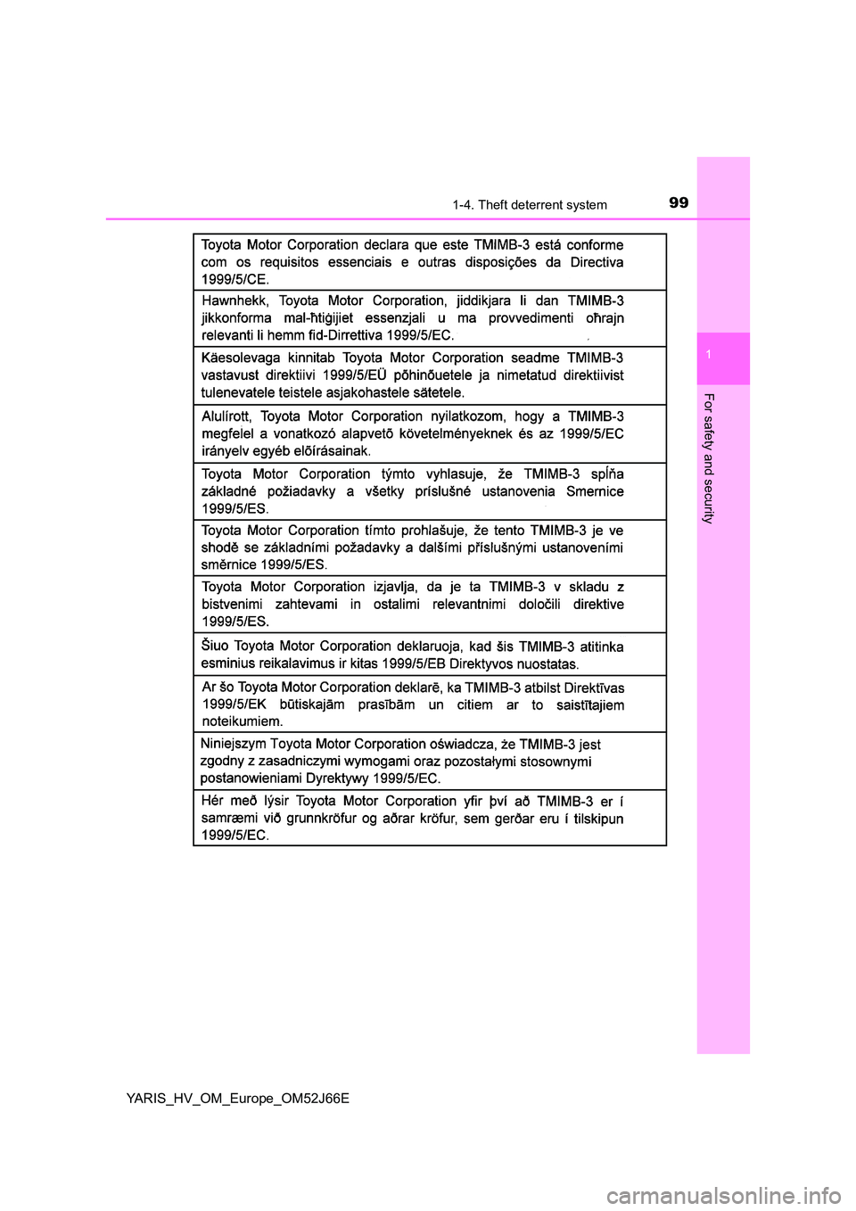 TOYOTA YARIS 2018 Owners Manual 991-4. Theft deterrent system
1
For safety and security
YARIS_HV_OM_Europe_OM52J66E TOYOTA YARIS 2018 Owners Manual 991-4. Theft deterrent system
1
For safety and security
YARIS_HV_OM_Europe_OM52J66E