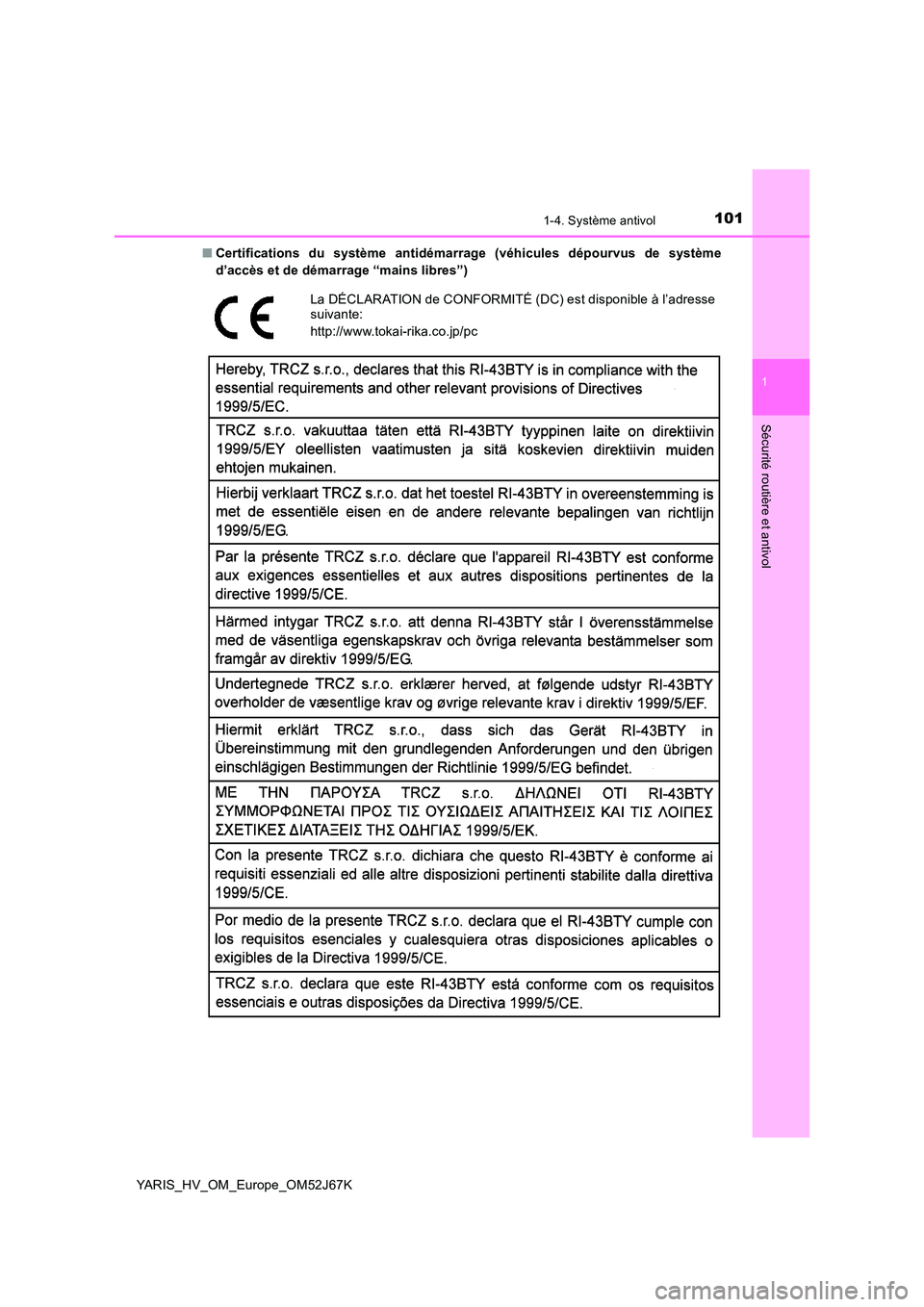 TOYOTA YARIS 2018  Notices Demploi (in French) 1011-4. Système antivol
1
Sécurité routière et antivol
YARIS_HV_OM_Europe_OM52J67K 
■ Certifications du système antidémarrage (véhicules dépourvus de système 
d’accès et de démarrage 