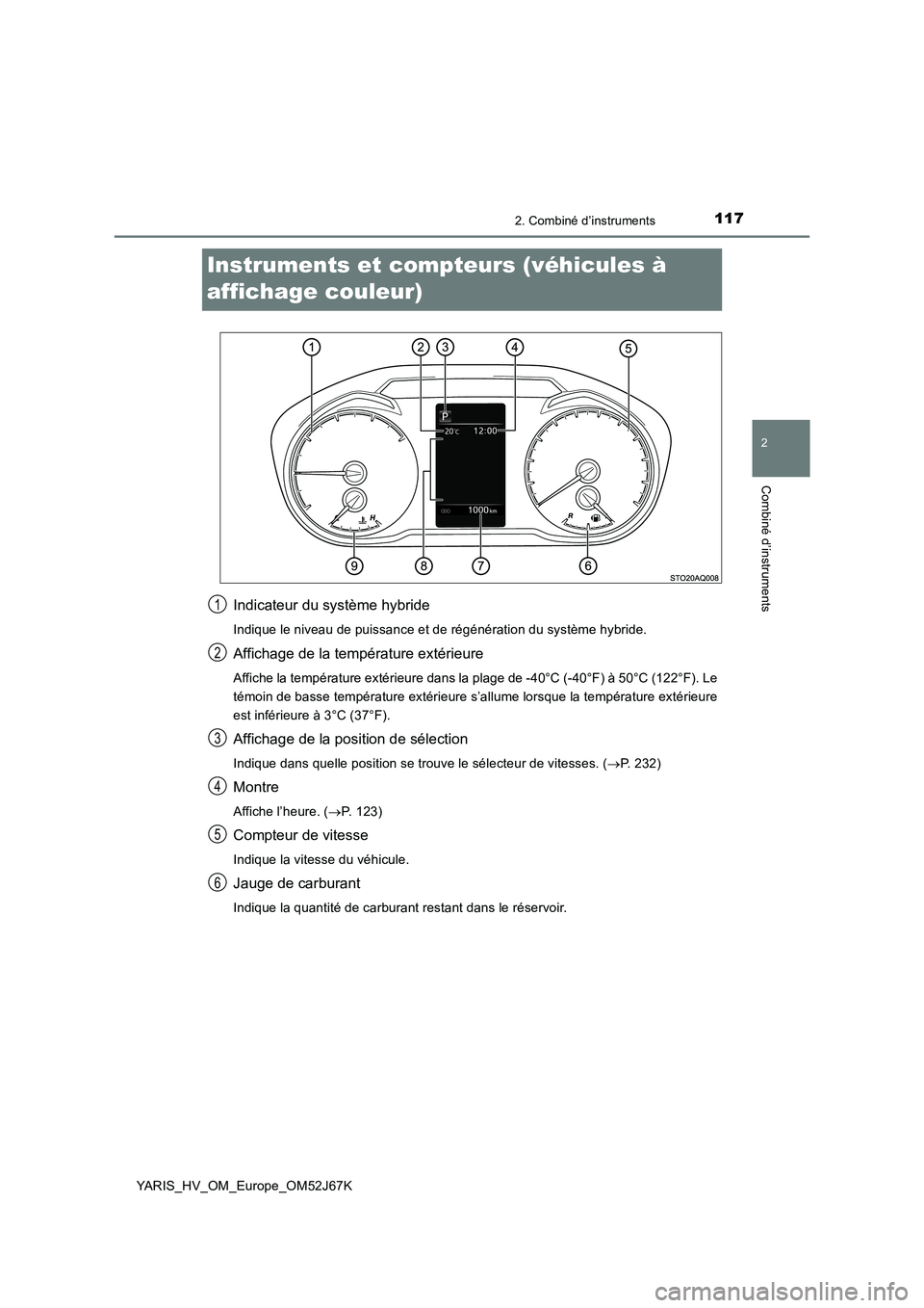 TOYOTA YARIS 2018 Notices Demploi (in French) 117
2
2. Combiné d’instruments
Combiné d’instruments
YARIS_HV_OM_Europe_OM52J67K
Instruments et compteurs (véhicules à
affichage couleur)
Indicateur du système hybride
Indique le niveau de p TOYOTA YARIS 2018 Notices Demploi (in French) 117
2
2. Combiné d’instruments
Combiné d’instruments
YARIS_HV_OM_Europe_OM52J67K
Instruments et compteurs (véhicules à
affichage couleur)
Indicateur du système hybride
Indique le niveau de p