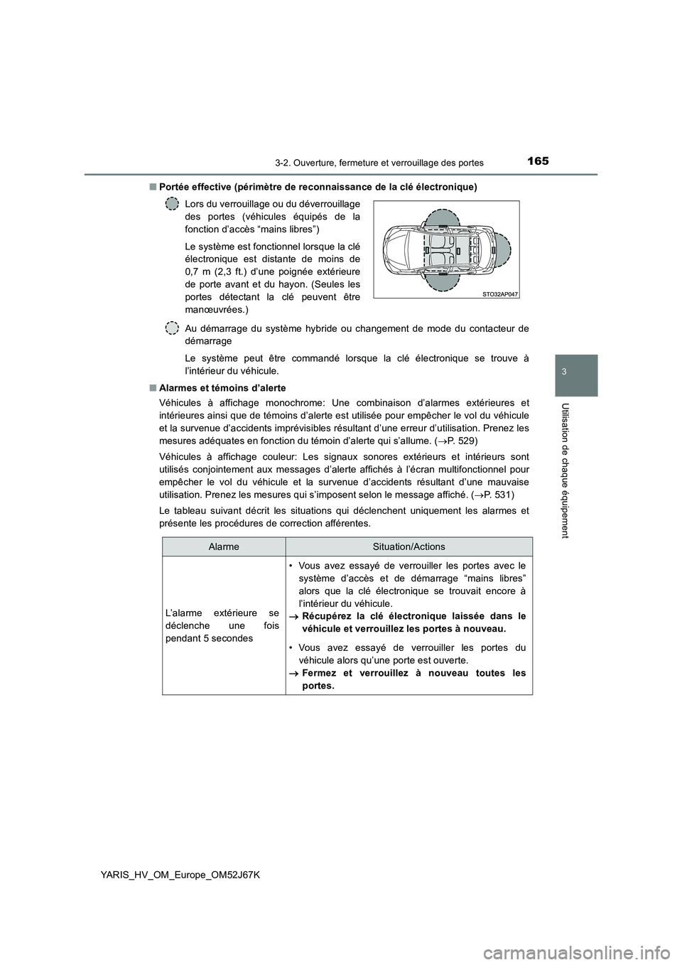 TOYOTA YARIS 2018  Notices Demploi (in French) 1653-2. Ouverture, fermeture et verrouillage des portes
3
Utilisation de chaque équipement
YARIS_HV_OM_Europe_OM52J67K 
■ Portée effective (périmètre de reconnaissance de la clé électronique) 