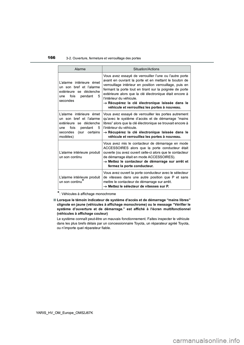 TOYOTA YARIS 2018  Notices Demploi (in French) 1663-2. Ouverture, fermeture et verrouillage des portes
YARIS_HV_OM_Europe_OM52J67K
*: Véhicules à affichage monochrome 
■ Lorsque le témoin indicateur de système d’accès et de démarrage “