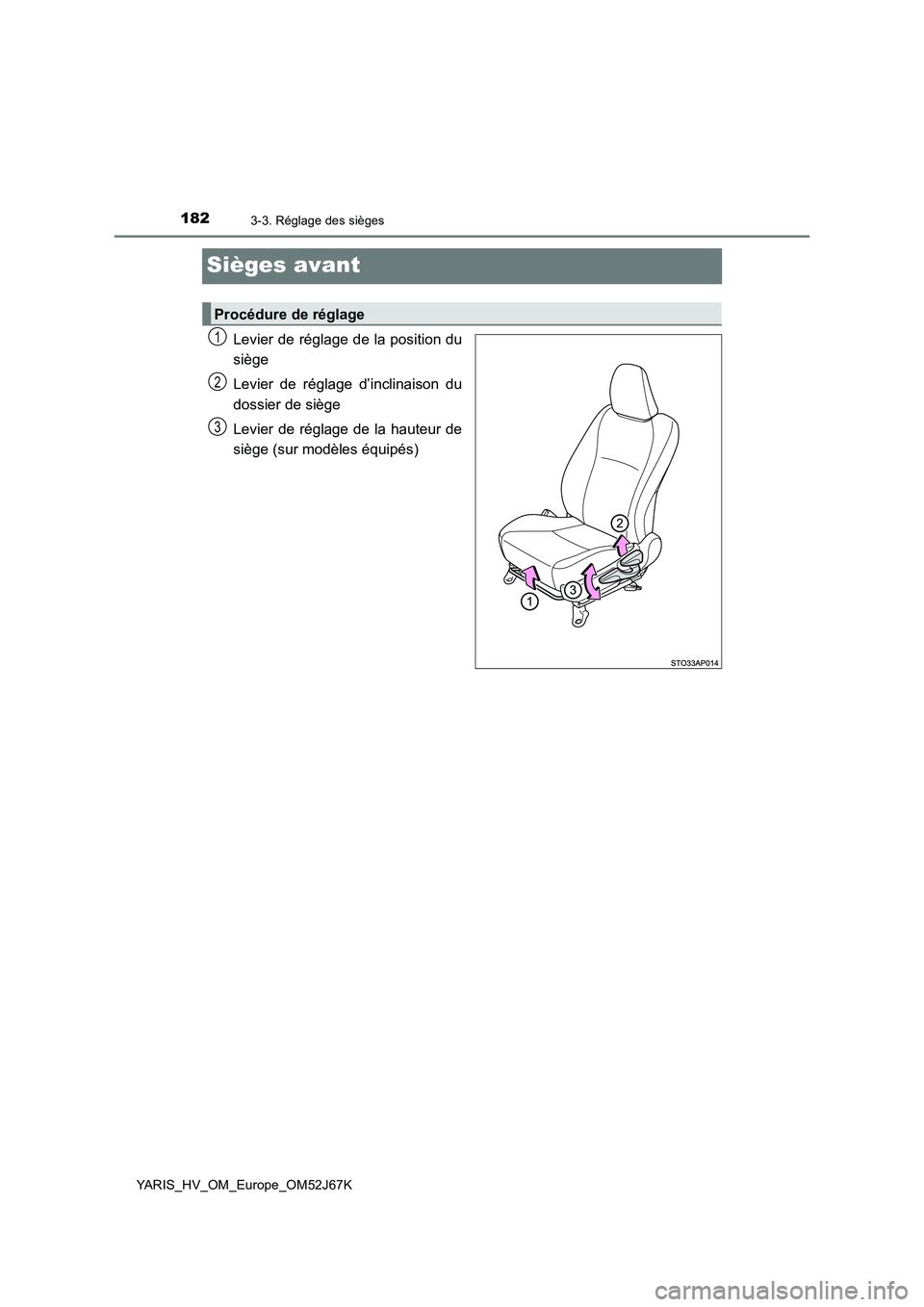 TOYOTA YARIS 2018  Notices Demploi (in French) 1823-3. Réglage des sièges
YARIS_HV_OM_Europe_OM52J67K
Sièges avant
Levier de réglage de la position du
siège
Levier de réglage d’inclinaison du
dossier de siège
Levier de réglage de la haut