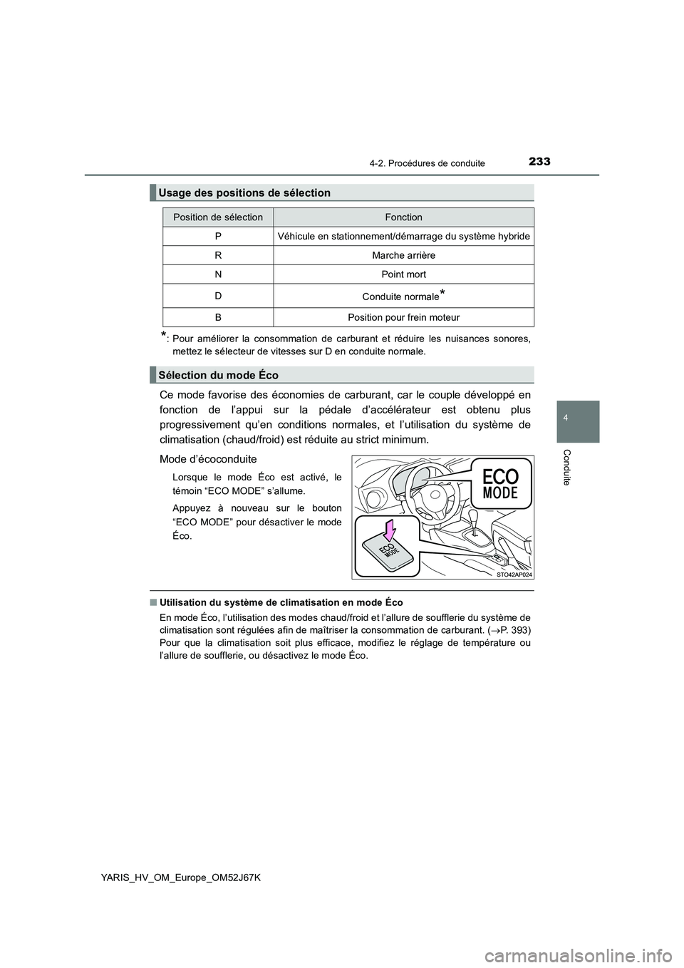 TOYOTA YARIS 2018 Notices Demploi (in French) 2334-2. Procédures de conduite
4
Conduite
YARIS_HV_OM_Europe_OM52J67K
*: Pour améliorer la consommation de carburant et réduire les nuisances sonores,
mettez le sélecteur de vitesses sur D en cond TOYOTA YARIS 2018 Notices Demploi (in French) 2334-2. Procédures de conduite
4
Conduite
YARIS_HV_OM_Europe_OM52J67K
*: Pour améliorer la consommation de carburant et réduire les nuisances sonores,
mettez le sélecteur de vitesses sur D en cond