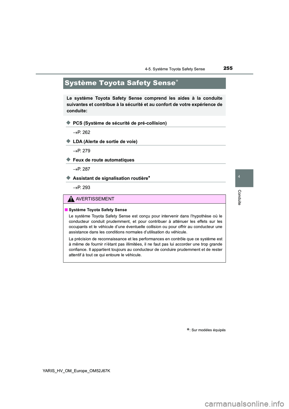 TOYOTA YARIS 2018 Notices Demploi (in French) 255
4
4-5. Système Toyota Safety Sense
Conduite
YARIS_HV_OM_Europe_OM52J67K
Système Toyota Safety Sense
◆PCS (Système de sécurité de pré-collision)
P. 262
◆LDA (Alerte de sortie de v TOYOTA YARIS 2018 Notices Demploi (in French) 255
4
4-5. Système Toyota Safety Sense
Conduite
YARIS_HV_OM_Europe_OM52J67K
Système Toyota Safety Sense
◆PCS (Système de sécurité de pré-collision)
P. 262
◆LDA (Alerte de sortie de v