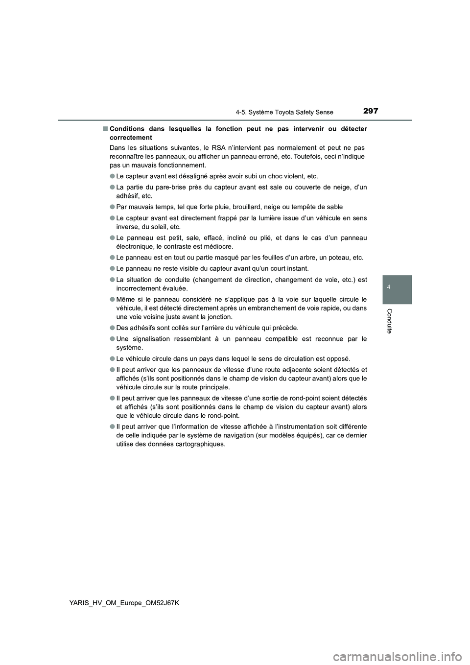 TOYOTA YARIS 2018 Notices Demploi (in French) 2974-5. Système Toyota Safety Sense
4
Conduite
YARIS_HV_OM_Europe_OM52J67K■Conditions dans lesquelles la fonction peut ne pas intervenir ou détecter
correctement
Dans les situations suivantes, le TOYOTA YARIS 2018 Notices Demploi (in French) 2974-5. Système Toyota Safety Sense
4
Conduite
YARIS_HV_OM_Europe_OM52J67K■Conditions dans lesquelles la fonction peut ne pas intervenir ou détecter
correctement
Dans les situations suivantes, le