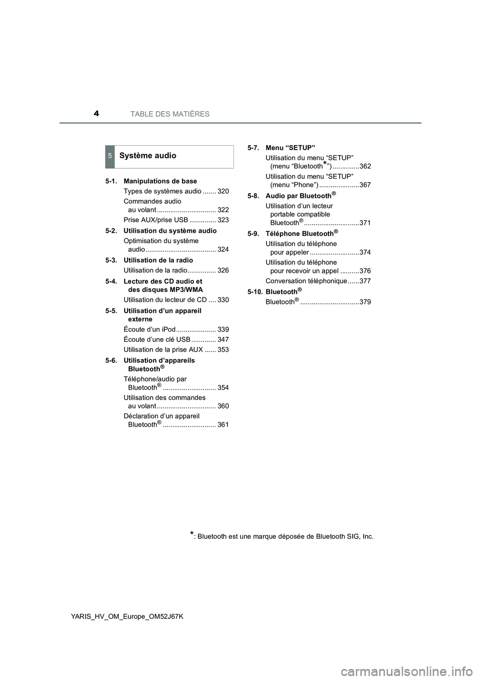 TOYOTA YARIS 2018 Notices Demploi (in French) TABLE DES MATIÈRES4
YARIS_HV_OM_Europe_OM52J67K5-1. Manipulations de base
Types de systèmes audio ....... 320
Commandes audio
au volant ............................... 322
Prise AUX/prise USB ..... TOYOTA YARIS 2018 Notices Demploi (in French) TABLE DES MATIÈRES4
YARIS_HV_OM_Europe_OM52J67K5-1. Manipulations de base
Types de systèmes audio ....... 320
Commandes audio
au volant ............................... 322
Prise AUX/prise USB .....