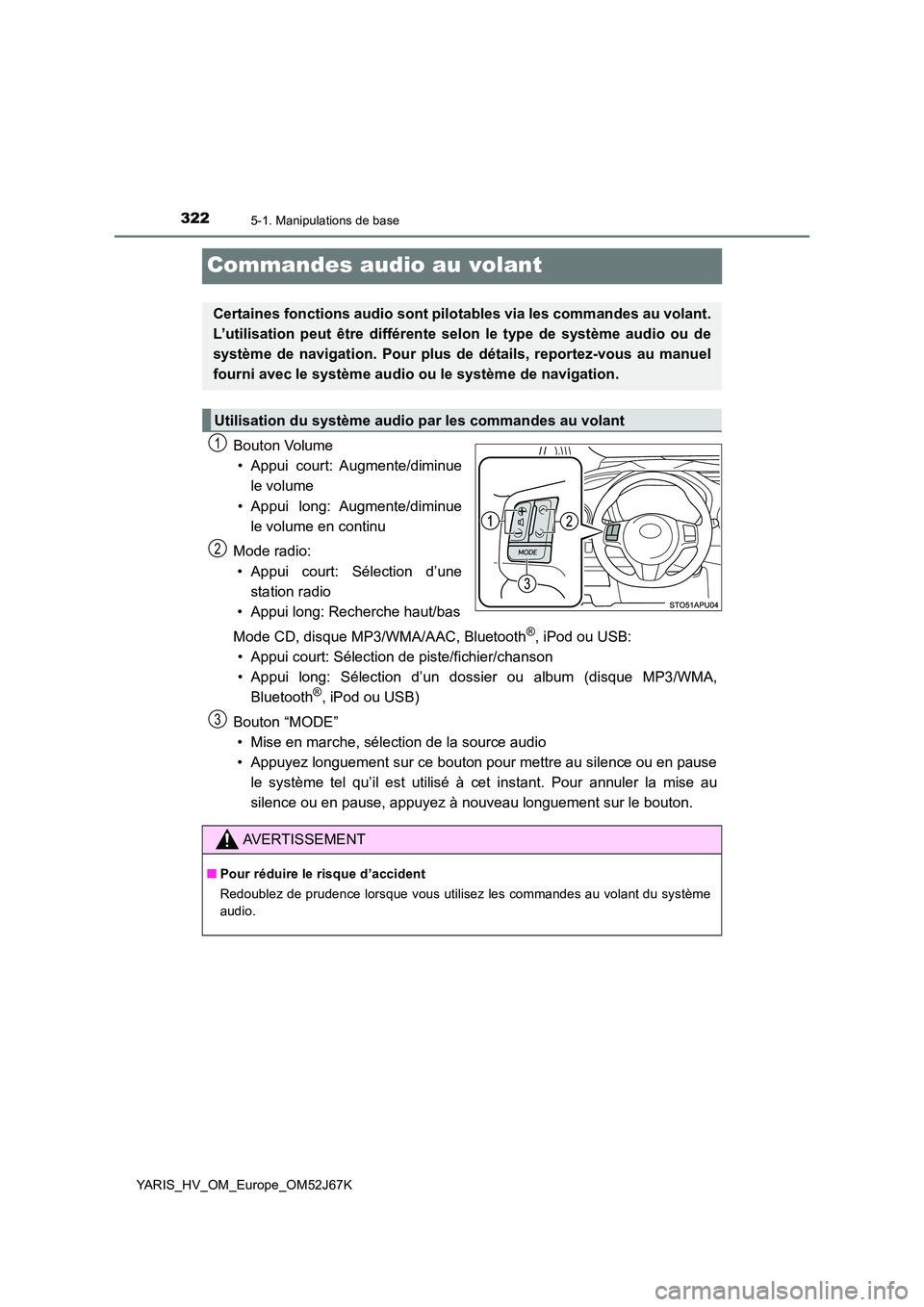 TOYOTA YARIS 2018 Notices Demploi (in French) 3225-1. Manipulations de base
YARIS_HV_OM_Europe_OM52J67K
Commandes audio au volant
Bouton Volume
• Appui court: Augmente/diminue
le volume
• Appui long: Augmente/diminue
le volume en continu
TOYOTA YARIS 2018 Notices Demploi (in French) 3225-1. Manipulations de base
YARIS_HV_OM_Europe_OM52J67K
Commandes audio au volant
Bouton Volume
• Appui court: Augmente/diminue
le volume
• Appui long: Augmente/diminue
le volume en continu