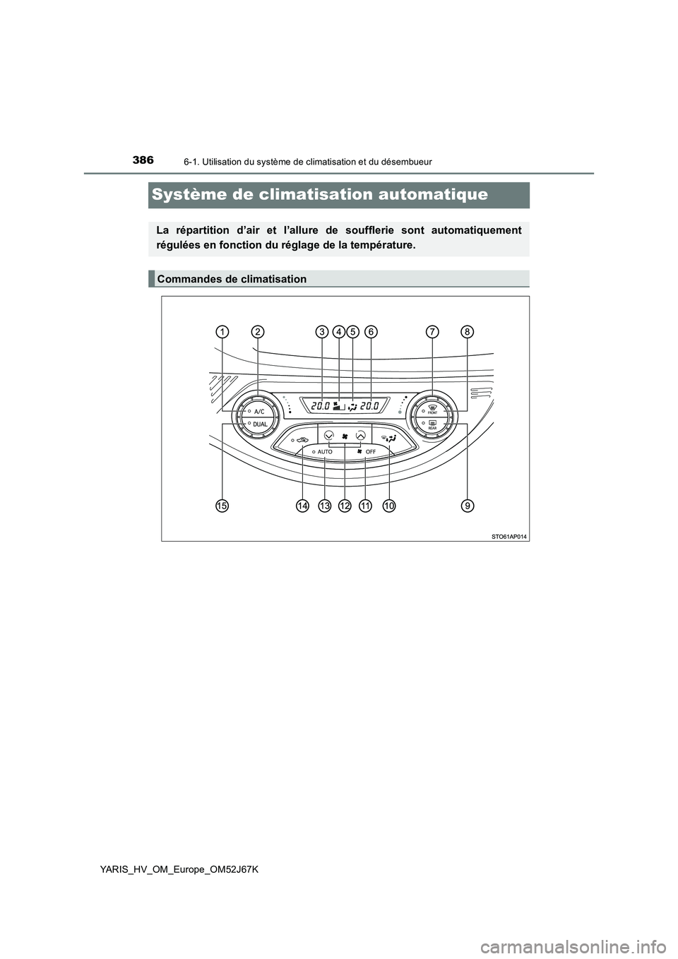 TOYOTA YARIS 2018  Notices Demploi (in French) 3866-1. Utilisation du système de climatisation et du désembueur
YARIS_HV_OM_Europe_OM52J67K
Système de climatisation automatique
La répartition d’air et l’allure de soufflerie sont automatiqu
