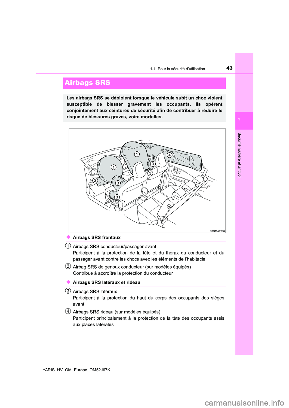 TOYOTA YARIS 2018  Notices Demploi (in French) 431-1. Pour la sécurité d’utilisation
1
Sécurité routière et antivol
YARIS_HV_OM_Europe_OM52J67K
Airbags SRS
◆Airbags SRS frontaux 
Airbags SRS conducteur/passager avant  
Participent à la p