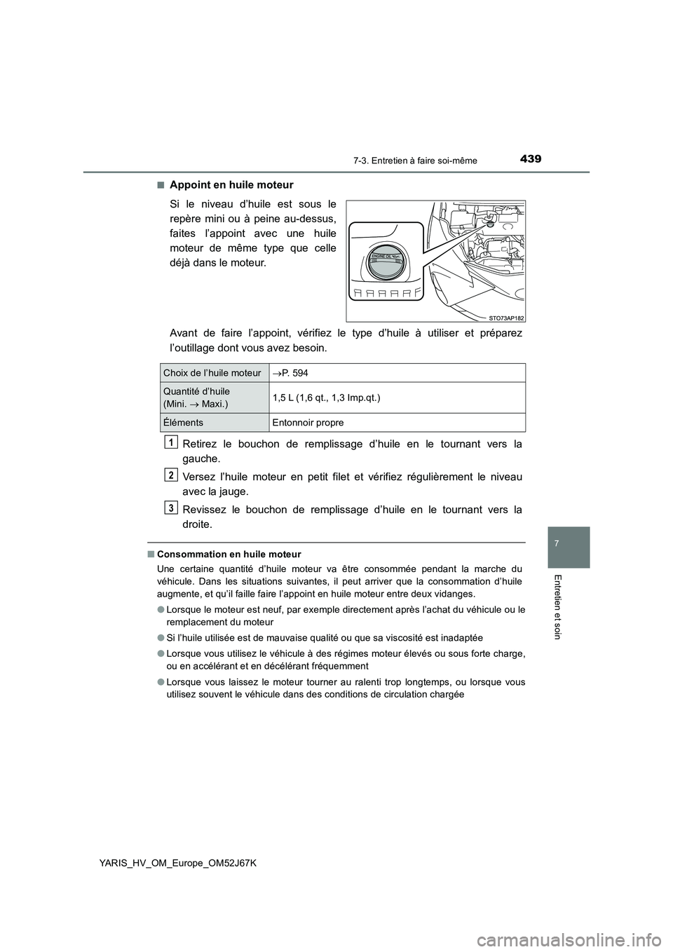 TOYOTA YARIS 2018 Notices Demploi (in French) 4397-3. Entretien à faire soi-même
7
Entretien et soin
YARIS_HV_OM_Europe_OM52J67K
■Appoint en huile moteur
Si le niveau d’huile est sous le
repère mini ou à peine au-dessus,
faites l’app TOYOTA YARIS 2018 Notices Demploi (in French) 4397-3. Entretien à faire soi-même
7
Entretien et soin
YARIS_HV_OM_Europe_OM52J67K
■Appoint en huile moteur
Si le niveau d’huile est sous le
repère mini ou à peine au-dessus,
faites l’app