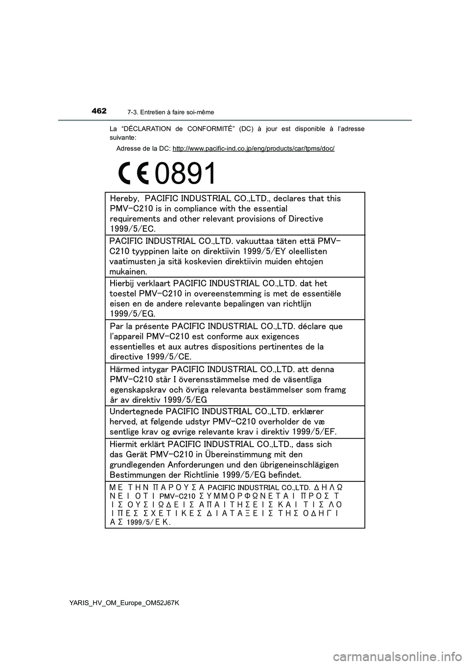 TOYOTA YARIS 2018 Notices Demploi (in French) 4627-3. Entretien à faire soi-même
YARIS_HV_OM_Europe_OM52J67KLa “DÉCLARATION de CONFORMITÉ” (DC) à jour est disponible à l’adresse
suivante:
Adresse de la DC: http://www.pacific-ind.co.jp TOYOTA YARIS 2018 Notices Demploi (in French) 4627-3. Entretien à faire soi-même
YARIS_HV_OM_Europe_OM52J67KLa “DÉCLARATION de CONFORMITÉ” (DC) à jour est disponible à l’adresse
suivante:
Adresse de la DC: http://www.pacific-ind.co.jp