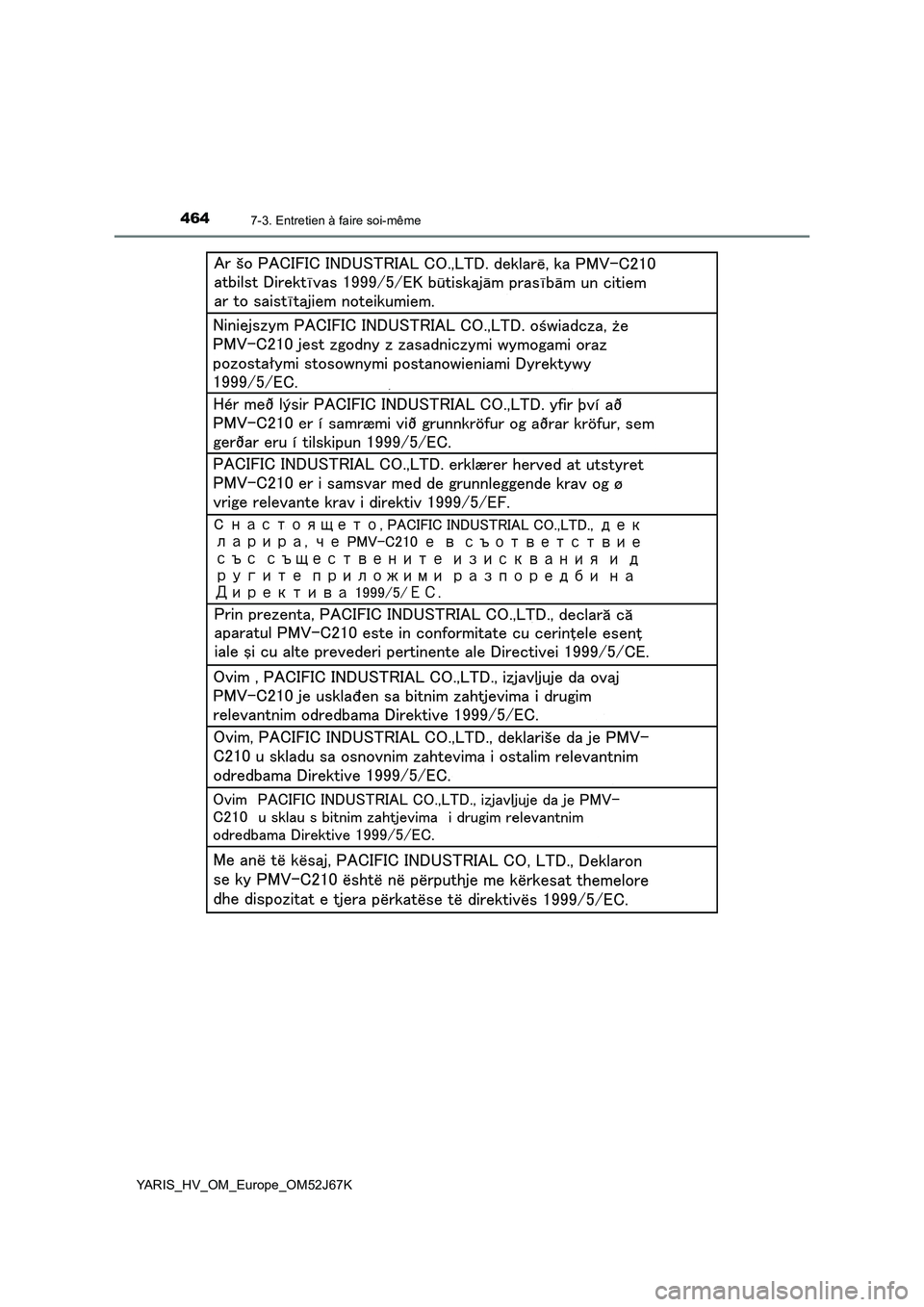 TOYOTA YARIS 2018 Notices Demploi (in French) 4647-3. Entretien à faire soi-même
YARIS_HV_OM_Europe_OM52J67K TOYOTA YARIS 2018 Notices Demploi (in French) 4647-3. Entretien à faire soi-même
YARIS_HV_OM_Europe_OM52J67K