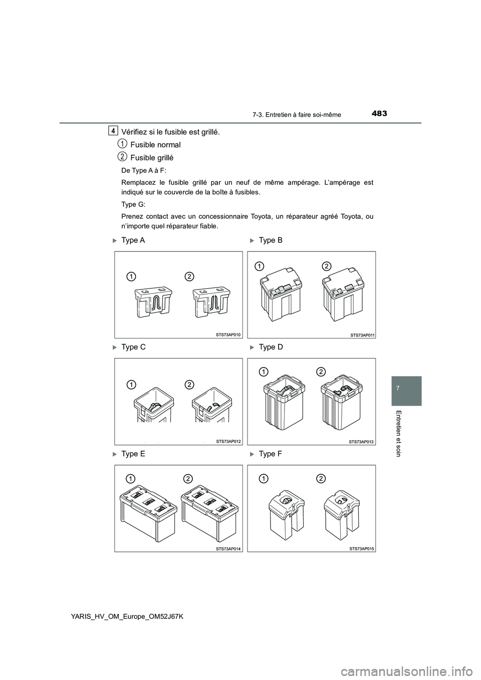 TOYOTA YARIS 2018  Notices Demploi (in French) 4837-3. Entretien à faire soi-même
7
Entretien et soin
YARIS_HV_OM_Europe_OM52J67K
Vérifiez si le fusible est grillé.
Fusible normal
Fusible grillé
De Type A à F:
Remplacez le fusible grillé pa