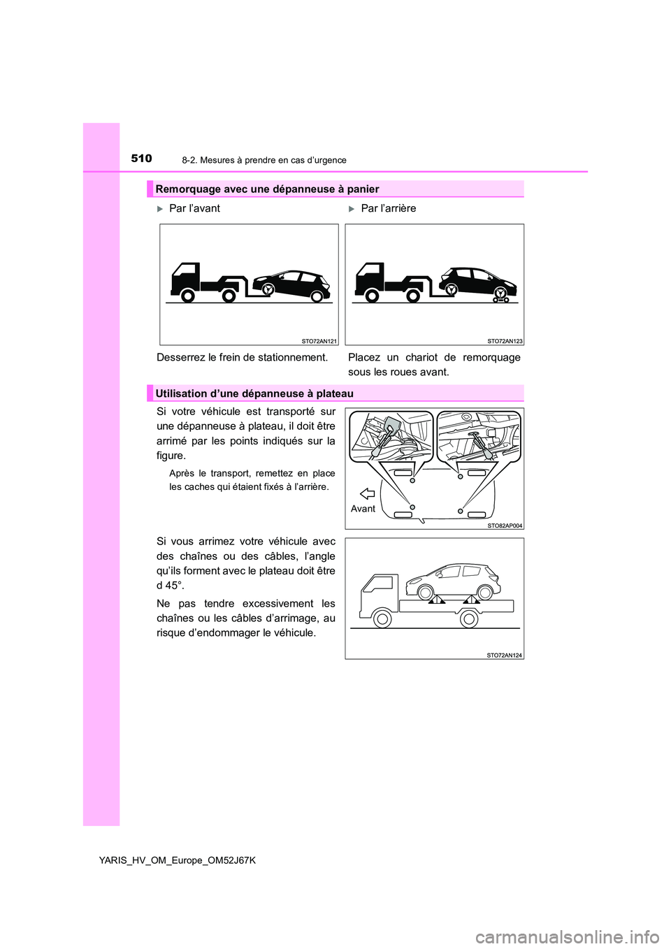 TOYOTA YARIS 2018  Notices Demploi (in French) 5108-2. Mesures à prendre en cas d’urgence
YARIS_HV_OM_Europe_OM52J67K
Si votre véhicule est transporté sur 
une dépanneuse à plateau, il doit être 
arrimé par les points indiqués sur la 
fi
