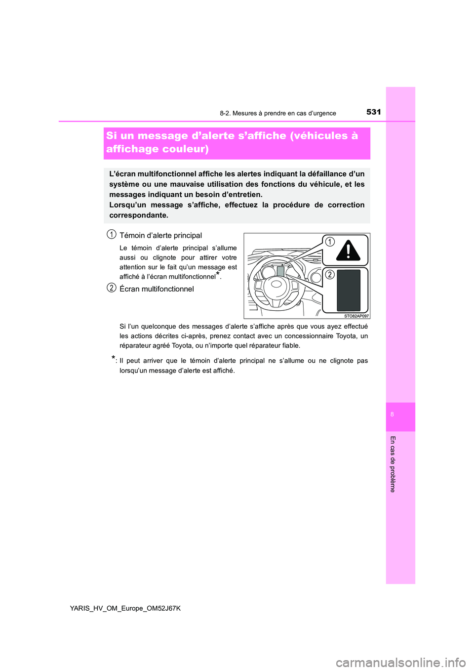 TOYOTA YARIS 2018  Notices Demploi (in French) 5318-2. Mesures à prendre en cas d’urgence
8
En cas de problème
YARIS_HV_OM_Europe_OM52J67K
Si un message d’alerte s’affiche (véhicules à  
affichage couleur)
Témoin d’alerte principal
Le