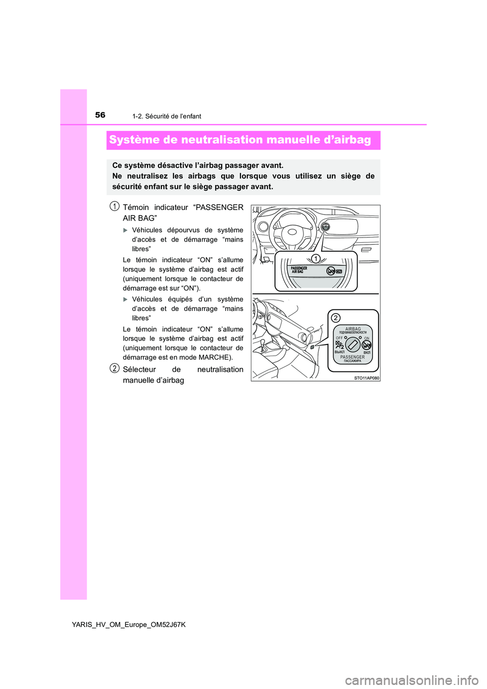 TOYOTA YARIS 2018  Notices Demploi (in French) 561-2. Sécurité de l’enfant
YARIS_HV_OM_Europe_OM52J67K
Système de neutralisation manuelle d’airbag
Témoin indicateur “PASSENGER 
AIR BAG”
Véhicules dépourvus de système 
d’accès 