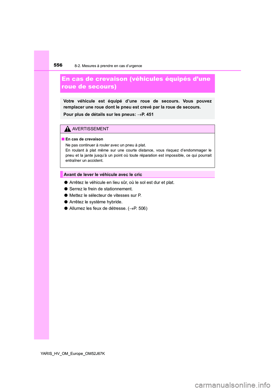 TOYOTA YARIS 2018  Notices Demploi (in French) 5568-2. Mesures à prendre en cas d’urgence
YARIS_HV_OM_Europe_OM52J67K
En cas de crevaison (véhicules équipés d’une  
roue de secours)
● Arrêtez le véhicule en lieu sûr, où le sol est du