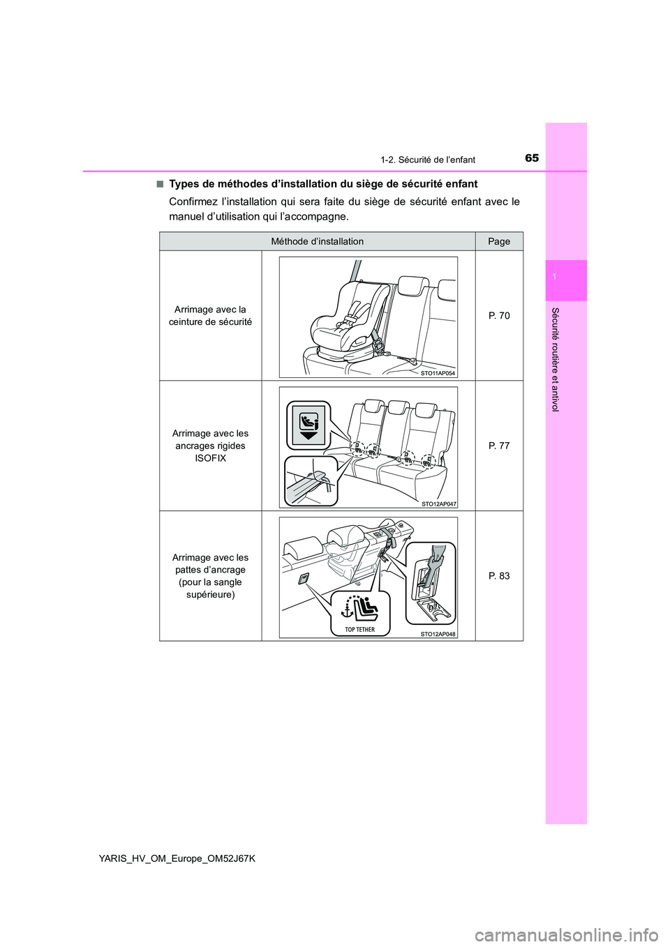 TOYOTA YARIS 2018  Notices Demploi (in French) 651-2. Sécurité de l’enfant
1
Sécurité routière et antivol
YARIS_HV_OM_Europe_OM52J67K 
■Types de méthodes d’installation du siège de sécurité enfant 
Confirmez l’installation qui ser