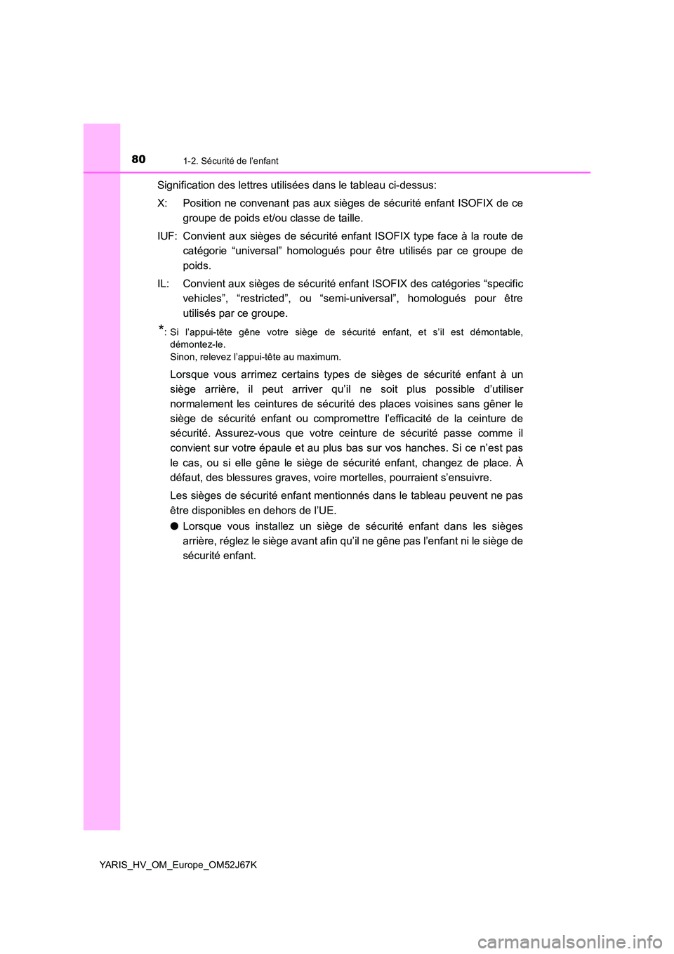 TOYOTA YARIS 2018 Notices Demploi (in French) 801-2. Sécurité de l’enfant
YARIS_HV_OM_Europe_OM52J67K
Signification des lettres utilisées dans le tableau ci-dessus:
X: Position ne convenant pas aux sièges de sécurité enfant ISOFIX de ce TOYOTA YARIS 2018 Notices Demploi (in French) 801-2. Sécurité de l’enfant
YARIS_HV_OM_Europe_OM52J67K
Signification des lettres utilisées dans le tableau ci-dessus:
X: Position ne convenant pas aux sièges de sécurité enfant ISOFIX de ce