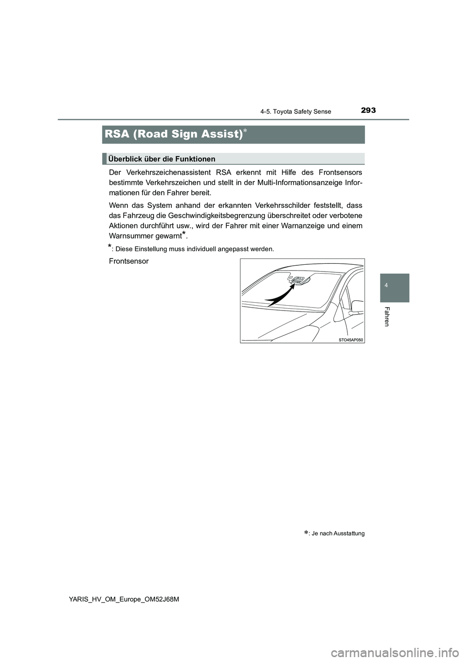 TOYOTA YARIS 2018  Betriebsanleitungen (in German) 293
4
4-5. Toyota Safety Sense
Fahren
YARIS_HV_OM_Europe_OM52J68M
RSA (Road Sign Assist)
Der Verkehrszeichenassistent RSA erkennt mit Hilfe des Frontsensors
bestimmte Verkehrszeichen und stellt in 