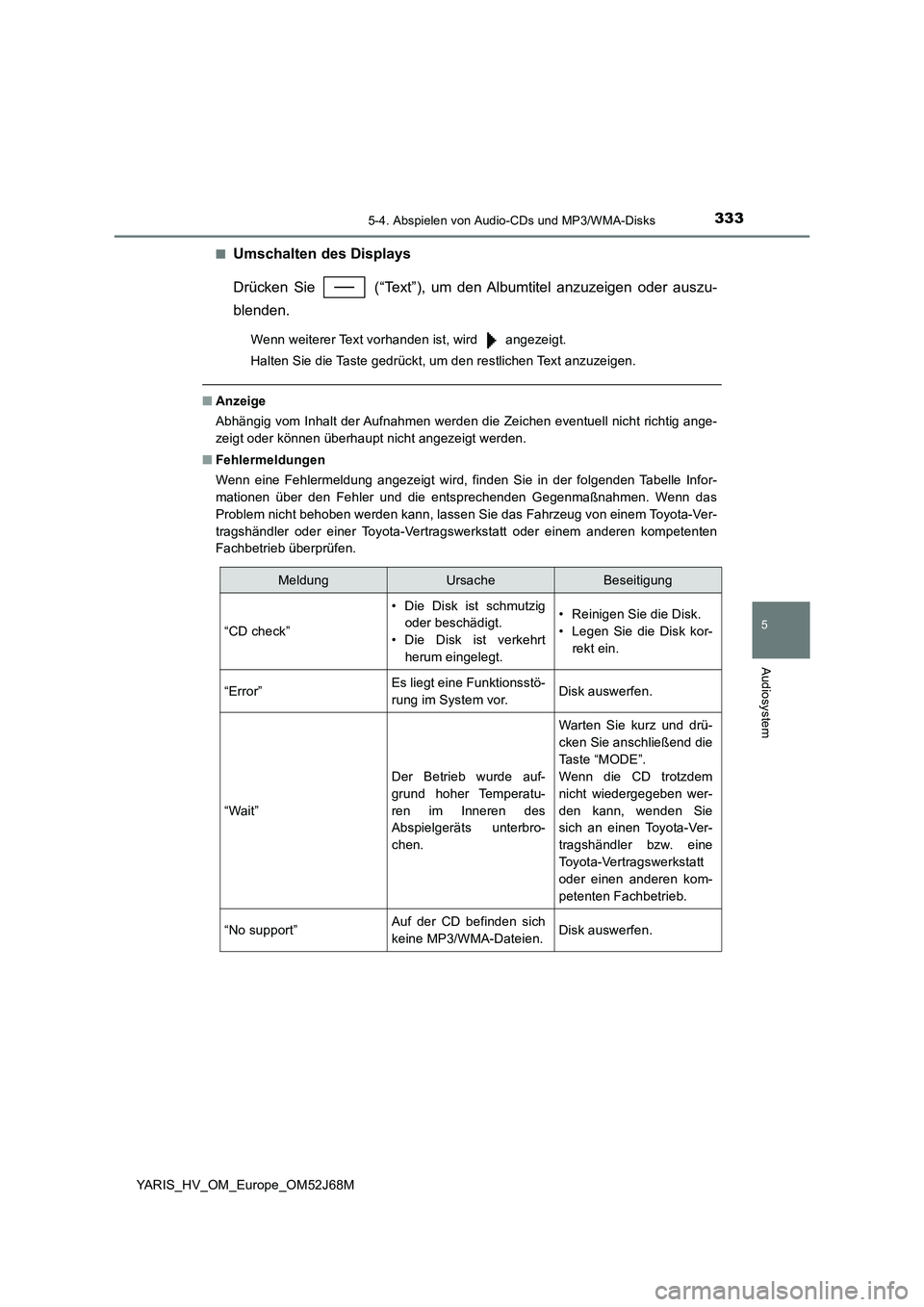 TOYOTA YARIS 2018  Betriebsanleitungen (in German) 3335-4. Abspielen von Audio-CDs und MP3/WMA-Disks
5
Audiosystem
YARIS_HV_OM_Europe_OM52J68M■
Umschalten des Displays
Drücken Sie   (“Text”), um den Albumtitel anzuzeigen oder auszu-
blenden.
We TOYOTA YARIS 2018  Betriebsanleitungen (in German) 3335-4. Abspielen von Audio-CDs und MP3/WMA-Disks
5
Audiosystem
YARIS_HV_OM_Europe_OM52J68M■
Umschalten des Displays
Drücken Sie   (“Text”), um den Albumtitel anzuzeigen oder auszu-
blenden.
We