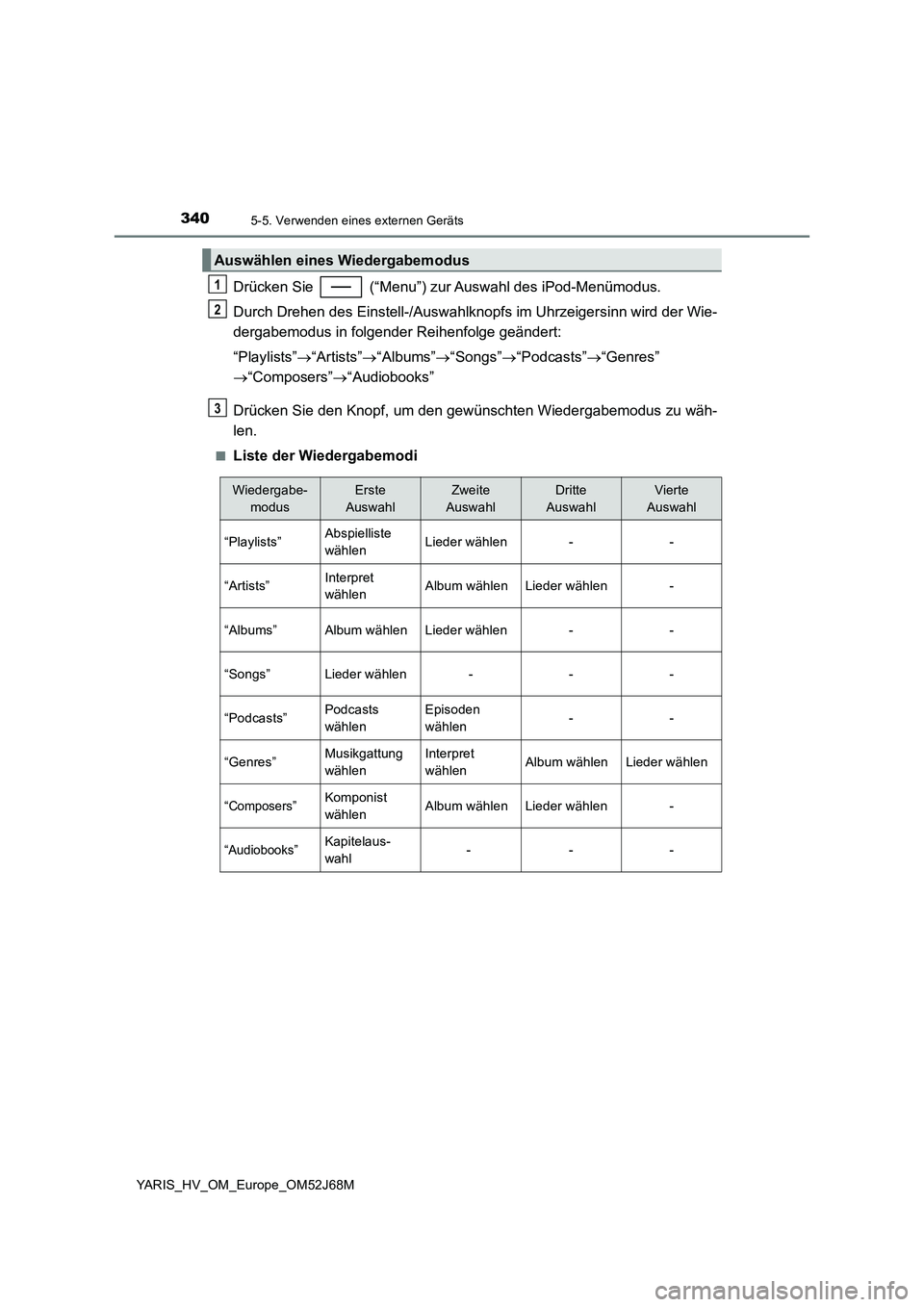 TOYOTA YARIS 2018  Betriebsanleitungen (in German) 3405-5. Verwenden eines externen Geräts
YARIS_HV_OM_Europe_OM52J68M
Drücken Sie   (“Menu”) zur Auswahl des iPod-Menümodus.
Durch Drehen des Einstell-/Auswahlknopfs im Uhrzeigersinn wird der Wie