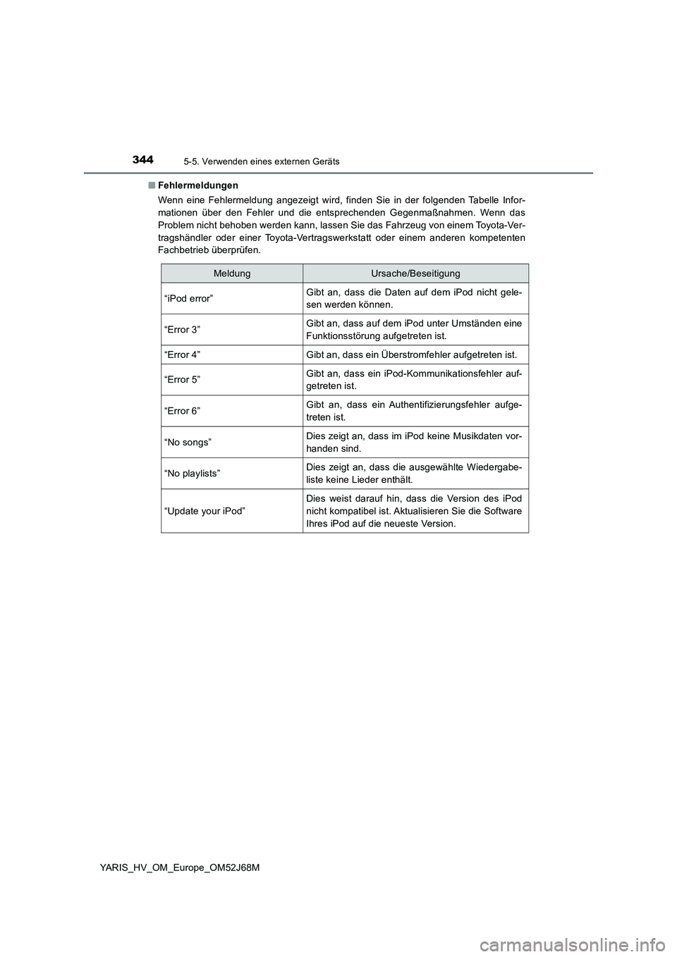 TOYOTA YARIS 2018  Betriebsanleitungen (in German) 3445-5. Verwenden eines externen Geräts
YARIS_HV_OM_Europe_OM52J68M■Fehlermeldungen
Wenn eine Fehlermeldung angezeigt wird, finden Sie in der folgenden Tabelle Infor-
mationen über den Fehler und 