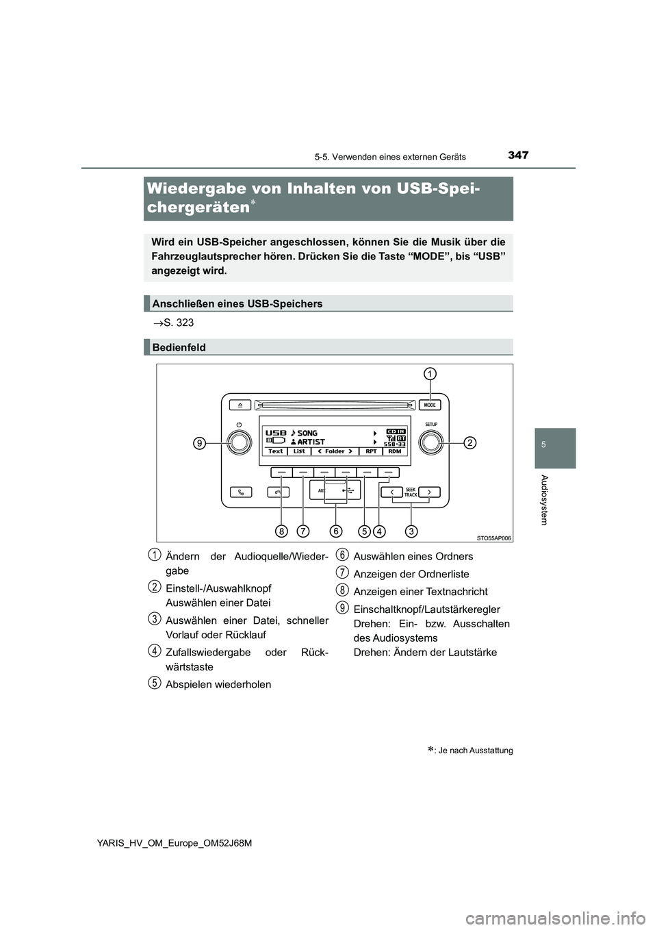 TOYOTA YARIS 2018  Betriebsanleitungen (in German) 347
5
5-5. Verwenden eines externen Geräts
Audiosystem
YARIS_HV_OM_Europe_OM52J68M
Wiedergabe von Inhalten von USB-Spei-
chergeräten

S. 323
: Je nach Ausstattung
Wird ein USB-Speicher ange