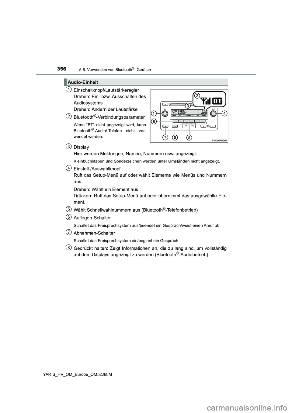 TOYOTA YARIS 2018  Betriebsanleitungen (in German) 3565-6. Verwenden von Bluetooth® -Geräten
YARIS_HV_OM_Europe_OM52J68M
Einschaltknopf/Lautstärkeregler 
Drehen: Ein- bzw. Ausschalten des
Audiosystems 
Drehen: Ändern der Lautstärke 
Bluetooth®-V