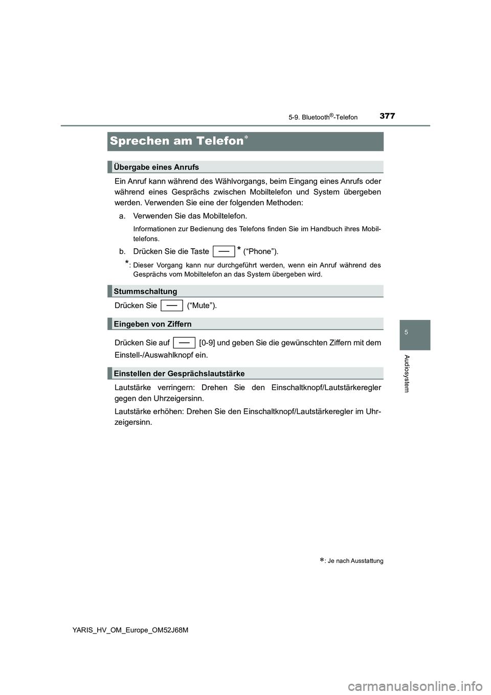 TOYOTA YARIS 2018  Betriebsanleitungen (in German) 3775-9. Bluetooth®-Telefon
5
Audiosystem
YARIS_HV_OM_Europe_OM52J68M
Sprechen am Telefon
Ein Anruf kann während des Wählvorgangs, beim Eingang eines Anrufs oder
während eines Gesprächs zwische TOYOTA YARIS 2018  Betriebsanleitungen (in German) 3775-9. Bluetooth®-Telefon
5
Audiosystem
YARIS_HV_OM_Europe_OM52J68M
Sprechen am Telefon
Ein Anruf kann während des Wählvorgangs, beim Eingang eines Anrufs oder
während eines Gesprächs zwische