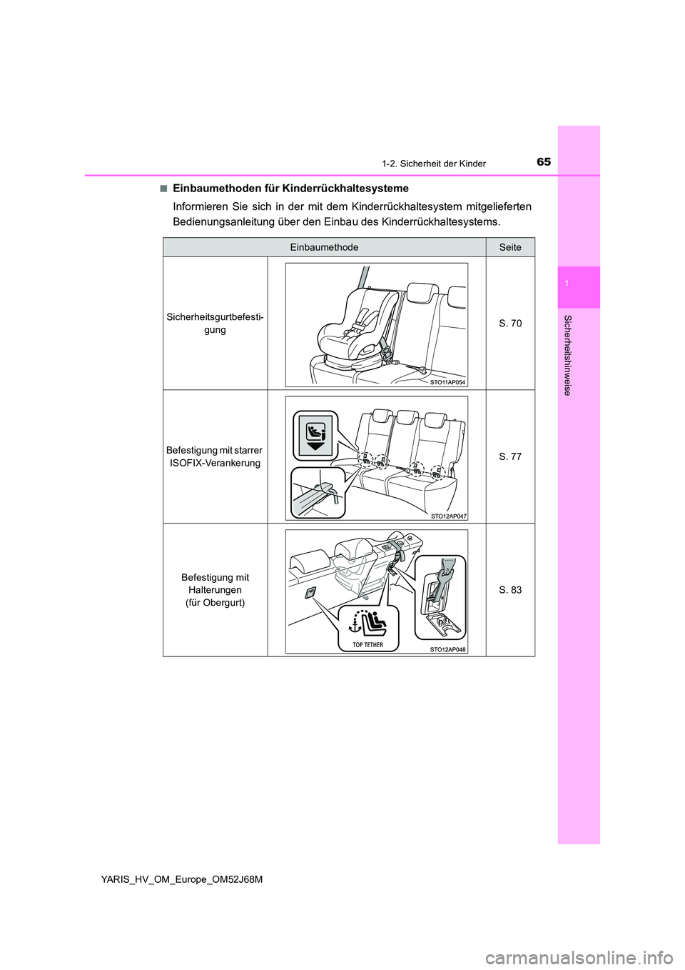TOYOTA YARIS 2018 Betriebsanleitungen (in German) 651-2. Sicherheit der Kinder
1
Sicherheitshinweise
YARIS_HV_OM_Europe_OM52J68M
■Einbaumethoden für Kinderrückhaltesysteme
Informieren Sie sich in der mit dem Kinderrückhaltesystem mitgelieferte TOYOTA YARIS 2018 Betriebsanleitungen (in German) 651-2. Sicherheit der Kinder
1
Sicherheitshinweise
YARIS_HV_OM_Europe_OM52J68M
■Einbaumethoden für Kinderrückhaltesysteme
Informieren Sie sich in der mit dem Kinderrückhaltesystem mitgelieferte