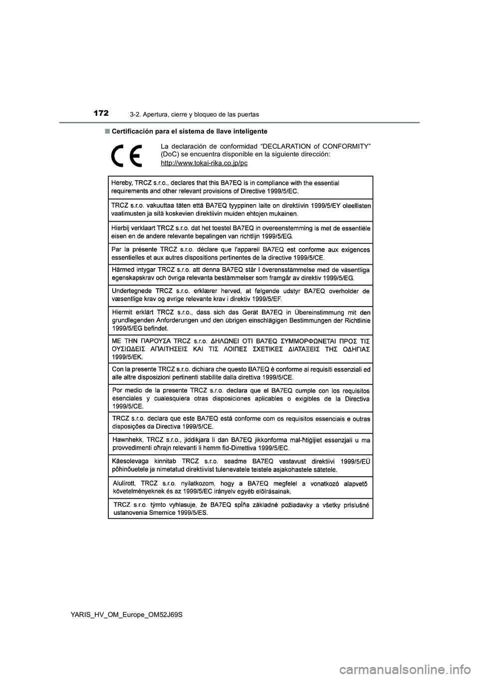 TOYOTA YARIS 2018  Manuale de Empleo (in Spanish) 1723-2. Apertura, cierre y bloqueo de las puertas
YARIS_HV_OM_Europe_OM52J69S 
■ Certificación para el sistema de llave inteligente
La declaración de conformidad “DECLARATION of CONFORMITY” (D
