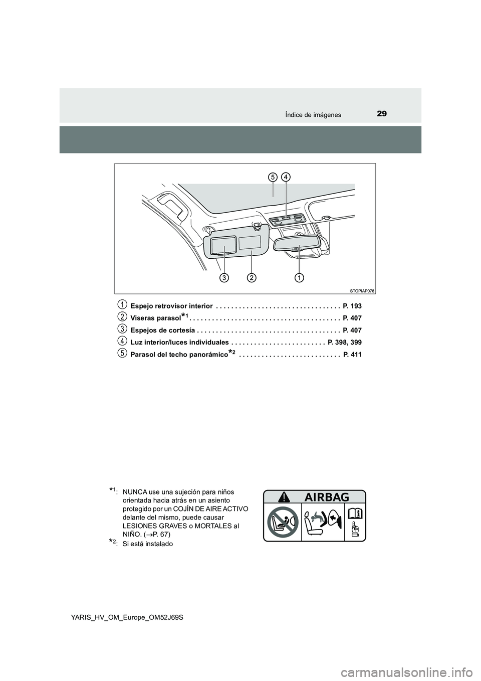 TOYOTA YARIS 2018 Manuale de Empleo (in Spanish) 29Índice de imágenes
YARIS_HV_OM_Europe_OM52J69S
Espejo retrovisor interior . . . . . . . . . . . . . . . . . . . . . . . . . . . . . . . . . P. 193
Viseras parasol*1. . . . . . . . . . . . . . TOYOTA YARIS 2018 Manuale de Empleo (in Spanish) 29Índice de imágenes
YARIS_HV_OM_Europe_OM52J69S
Espejo retrovisor interior . . . . . . . . . . . . . . . . . . . . . . . . . . . . . . . . . P. 193
Viseras parasol*1. . . . . . . . . . . . . .