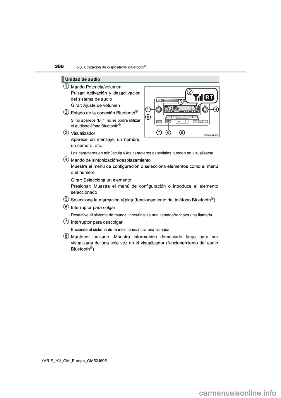TOYOTA YARIS 2018  Manuale de Empleo (in Spanish) 3565-6. Utilización de dispositivos Bluetooth®
YARIS_HV_OM_Europe_OM52J69S
Mando Potencia/volumen 
Pulsar: Activación  y  desactivación
del sistema de audio 
Girar: Ajuste  de  volumen 
Estado de 