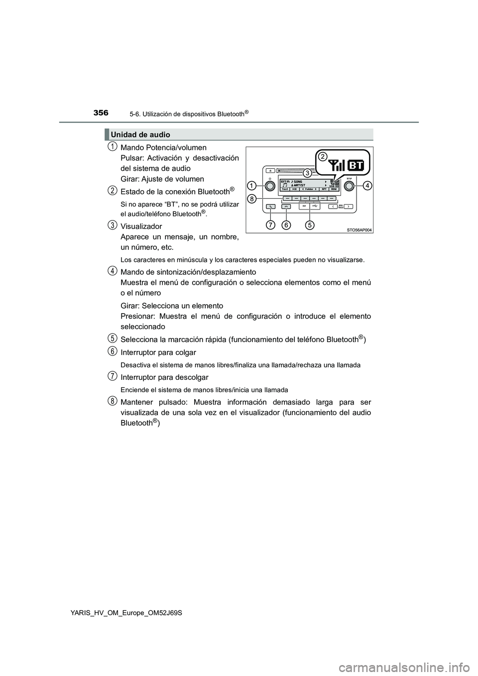 TOYOTA YARIS 2018 Manuale de Empleo (in Spanish) 3565-6. Utilización de dispositivos Bluetooth®
YARIS_HV_OM_Europe_OM52J69S
Mando Potencia/volumen
Pulsar: Activación y desactivación
del sistema de audio
Girar: Ajuste de volumen
Estado de TOYOTA YARIS 2018 Manuale de Empleo (in Spanish) 3565-6. Utilización de dispositivos Bluetooth®
YARIS_HV_OM_Europe_OM52J69S
Mando Potencia/volumen
Pulsar: Activación y desactivación
del sistema de audio
Girar: Ajuste de volumen
Estado de