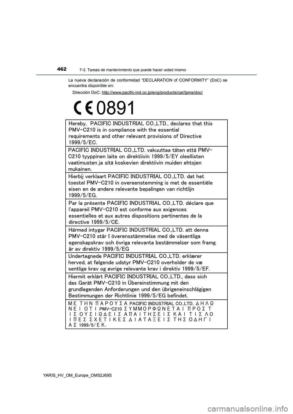 TOYOTA YARIS 2018 Manuale de Empleo (in Spanish) 4627-3. Tareas de mantenimiento que puede hacer usted mismo
YARIS_HV_OM_Europe_OM52J69S
La nueva declaración de conformidad “DECLARATION of CONFORMITY” (DoC) se
encuentra disponible en:
Direcc TOYOTA YARIS 2018 Manuale de Empleo (in Spanish) 4627-3. Tareas de mantenimiento que puede hacer usted mismo
YARIS_HV_OM_Europe_OM52J69S
La nueva declaración de conformidad “DECLARATION of CONFORMITY” (DoC) se
encuentra disponible en:
Direcc