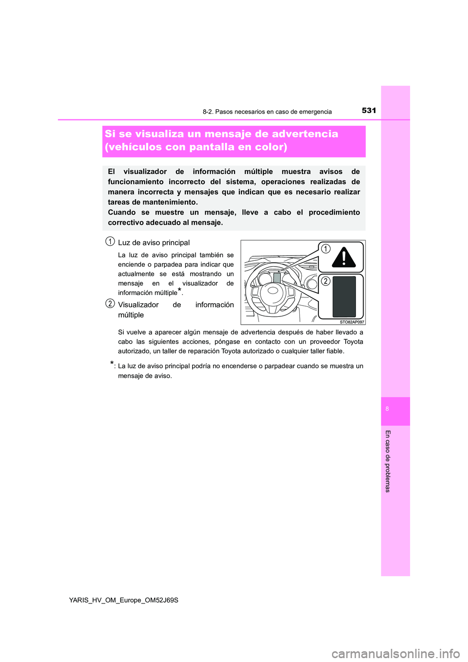 TOYOTA YARIS 2018 Manuale de Empleo (in Spanish) 5318-2. Pasos necesarios en caso de emergencia
8
En caso de problemas
YARIS_HV_OM_Europe_OM52J69S
Si se visualiza un mensaje de advertencia
(vehículos con pantalla en color)
Luz de aviso principal
TOYOTA YARIS 2018 Manuale de Empleo (in Spanish) 5318-2. Pasos necesarios en caso de emergencia
8
En caso de problemas
YARIS_HV_OM_Europe_OM52J69S
Si se visualiza un mensaje de advertencia
(vehículos con pantalla en color)
Luz de aviso principal