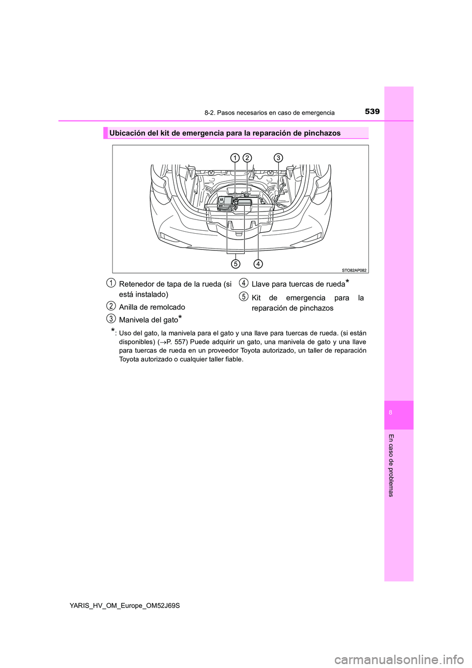TOYOTA YARIS 2018 Manuale de Empleo (in Spanish) 5398-2. Pasos necesarios en caso de emergencia
8
En caso de problemas
YARIS_HV_OM_Europe_OM52J69S
*: Uso del gato, la manivela para el gato y una llave para tuercas de rueda. (si están
disponibles) TOYOTA YARIS 2018 Manuale de Empleo (in Spanish) 5398-2. Pasos necesarios en caso de emergencia
8
En caso de problemas
YARIS_HV_OM_Europe_OM52J69S
*: Uso del gato, la manivela para el gato y una llave para tuercas de rueda. (si están
disponibles)