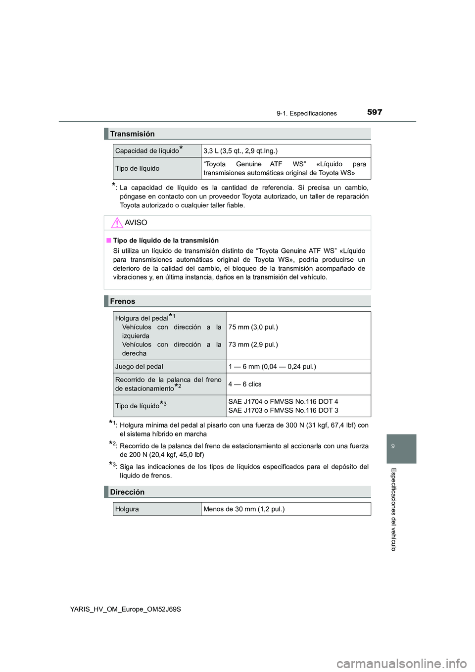 TOYOTA YARIS 2018 Manuale de Empleo (in Spanish) 5979-1. Especificaciones
9
Especificaciones del vehículo
YARIS_HV_OM_Europe_OM52J69S
*: La capacidad de líquido es la cantidad de referencia. Si precisa un cambio,
póngase en contacto con un prove TOYOTA YARIS 2018 Manuale de Empleo (in Spanish) 5979-1. Especificaciones
9
Especificaciones del vehículo
YARIS_HV_OM_Europe_OM52J69S
*: La capacidad de líquido es la cantidad de referencia. Si precisa un cambio,
póngase en contacto con un prove