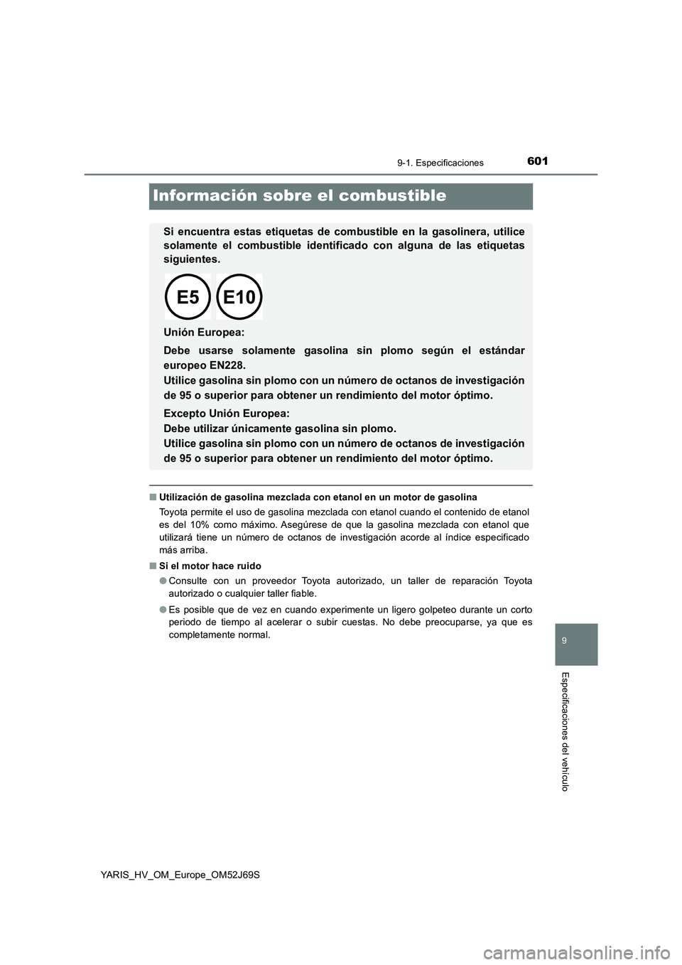 TOYOTA YARIS 2018 Manuale de Empleo (in Spanish) 6019-1. Especificaciones
9
Especificaciones del vehículo
YARIS_HV_OM_Europe_OM52J69S
Información sobre el combustible
■Utilización de gasolina mezclada con etanol en un motor de gasolina
Toyota TOYOTA YARIS 2018 Manuale de Empleo (in Spanish) 6019-1. Especificaciones
9
Especificaciones del vehículo
YARIS_HV_OM_Europe_OM52J69S
Información sobre el combustible
■Utilización de gasolina mezclada con etanol en un motor de gasolina
Toyota