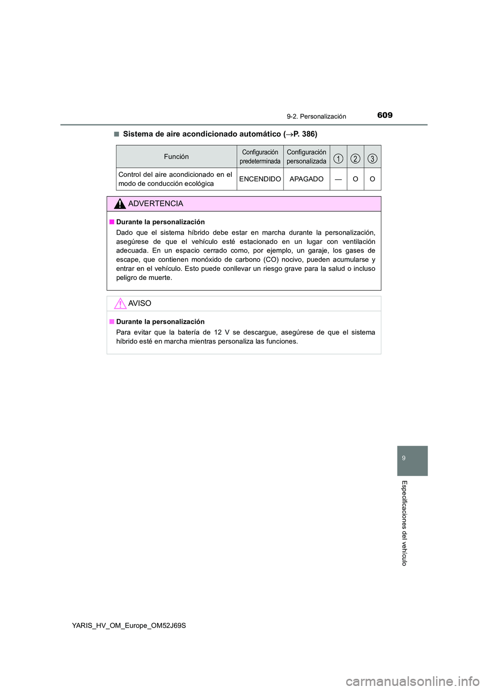 TOYOTA YARIS 2018 Manuale de Empleo (in Spanish) 6099-2. Personalización
9
Especificaciones del vehículo
YARIS_HV_OM_Europe_OM52J69S
■Sistema de aire acondicionado automático ( P. 386)
FunciónConfiguración
predeterminada
Configuración TOYOTA YARIS 2018 Manuale de Empleo (in Spanish) 6099-2. Personalización
9
Especificaciones del vehículo
YARIS_HV_OM_Europe_OM52J69S
■Sistema de aire acondicionado automático ( P. 386)
FunciónConfiguración
predeterminada
Configuración